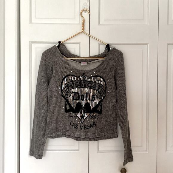 Y2K RARE VTG PCD Casino Graphic Sequins Cropped Hoodie Sweater | S/M - Picture 2 of 5